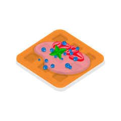 3D Isometric Flat Vector Illustration of Homemade Pastry, Assorted Belgian Waffles with Fresh Berries, Cream, and Icecream. Item 6