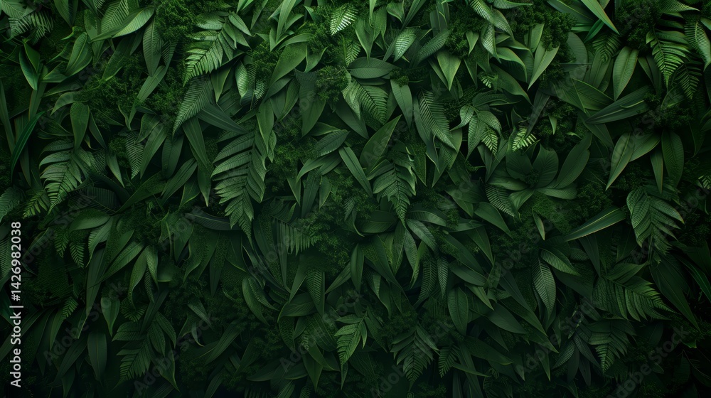 Poster close-up shot showcases a wall adorned with diverse moss types and small ferns, providing a unique a