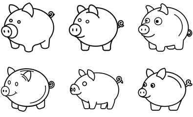 cartoon piggy bank outlines in a simple black line art style