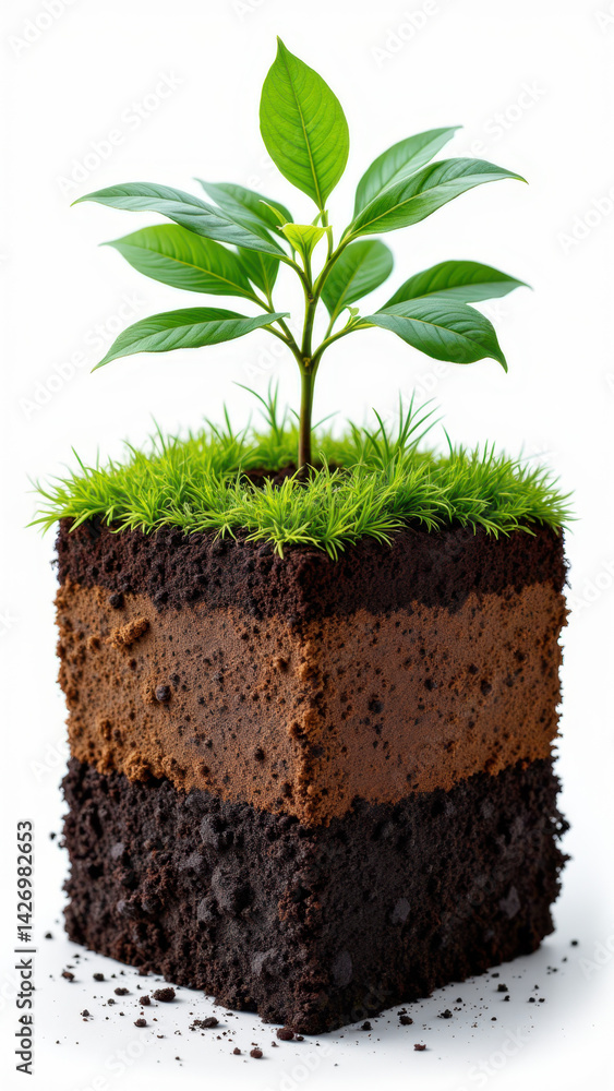 Aufkleber a close-up image of a soil block with an emerging plant, showcasing layers of different soils, ideal
