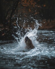 A striking moment captured in nature. Water splashes dramatically as a fish breaks the surface. This image evokes the beauty and action of wildlife in a serene environment. Generative AI