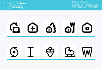 Set of 5 rounded user interface icons,house, chimney, window, crack, flood, laptop, medical