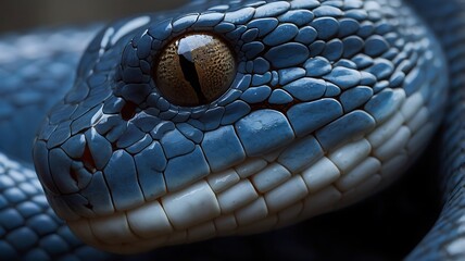 Fototapeta premium Close up of a blue snake head featuring scales and reptilian eye