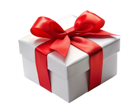 white gift box with red ribbon and bow isolated on white background png