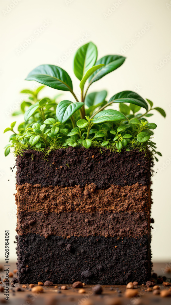 Poster a layered cake-like structure representing different layers of soil, topped with a variety of plant 