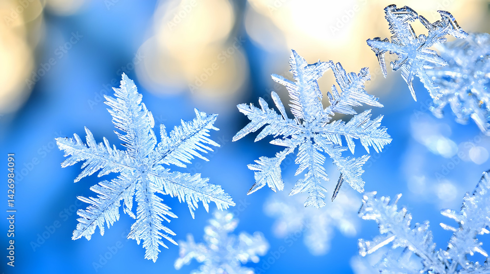 Poster closeup snowflake pattern against soft blue background