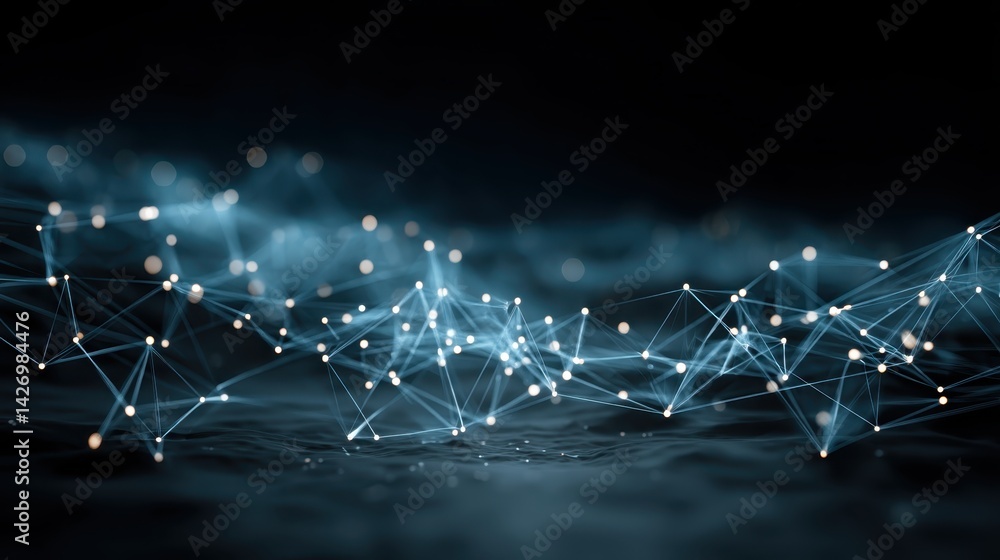 Poster digital network of glowing interconnected nodes forming futuristic plexus structure, representing te