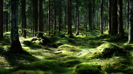 Fototapeta premium Lush Forest Floor Undergrowth With Sunlight Filtering Through Trees