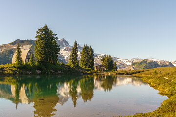 lake in mountains with hut