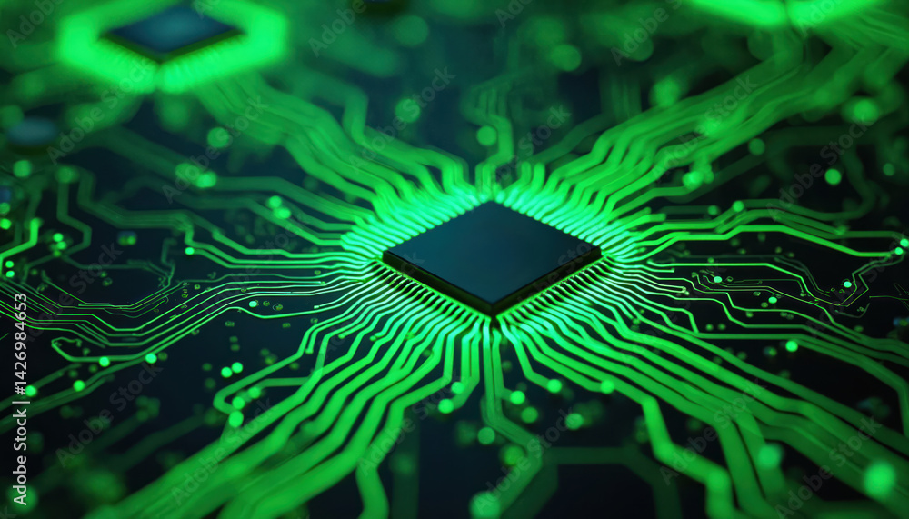 Poster Bright neon green data streams on motherboard circuit. Futuristic internet network tech, wallpaper. Digital information flow, modern innovative tech background.