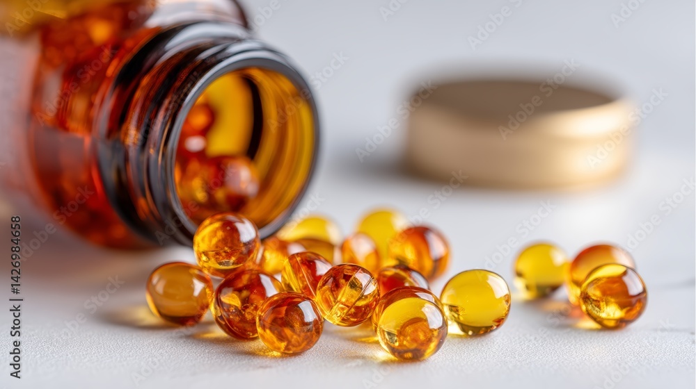 Aufkleber An amber container lies tipped over, revealing glossy capsules that scatter across a white surface. Soft shadows create a shallow depth of field effect