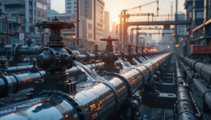 Industrial Pipeline Leak: Dramatic Sunset Industrial Scene