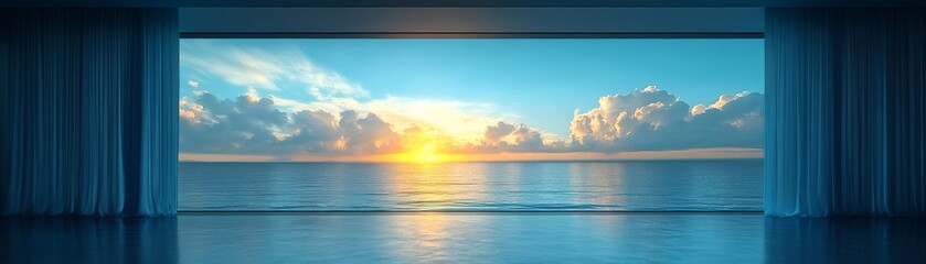 A scenic view of the sea and sky captured through an open window, bathed in the warm glow of sunset. The scene is framed by blue curtains, creating a sense of serenity