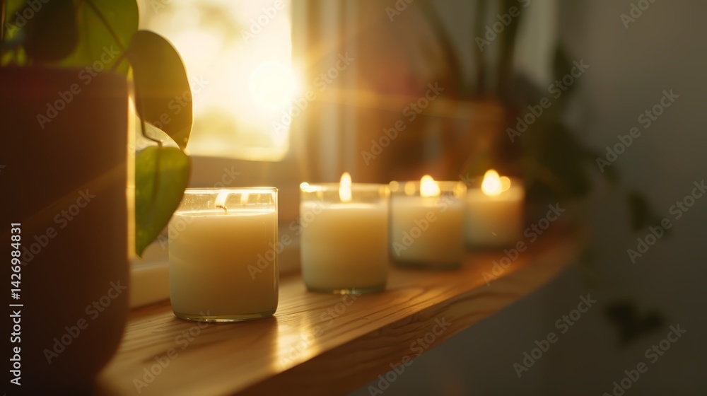 Aufkleber artisanal candles are neatly arranged on a wooden shelf, glowing softly in the warm sunlight that st
