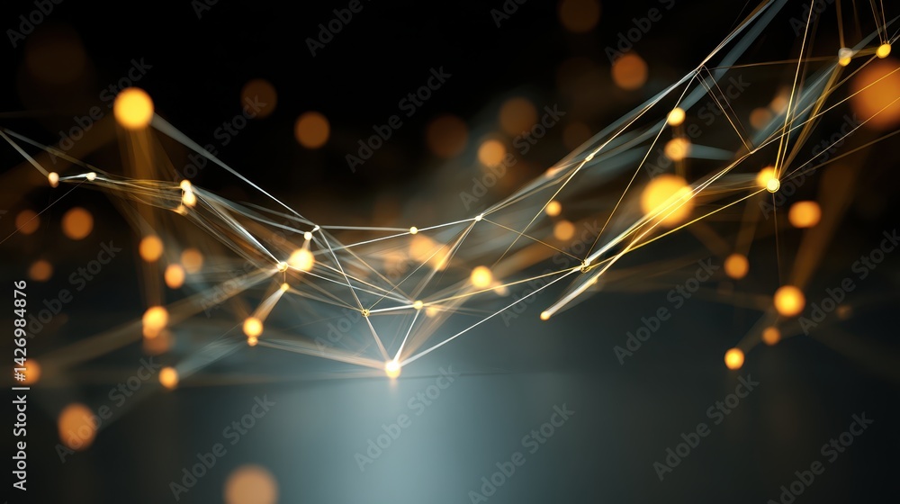 Poster luminous golden network of interconnected lines and glowing dots revealing technological complexity 
