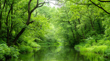 Lush Green Forest Pathway With Stream Reflection