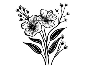 Flowers. In black and white style. Can be used for printing on paper, stickers, badges, bijouterie, tattoo. Vector
