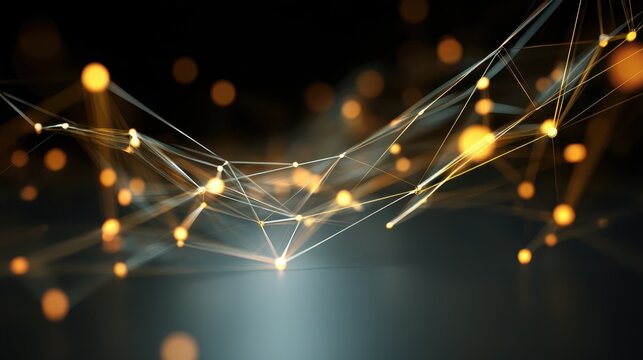 Luminous golden network of interconnected lines and glowing dots revealing technological complexity against dark digital backdrop