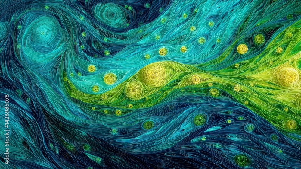Poster green, blue lines weaving through abstract composition, intermingling with luminous dots, representi