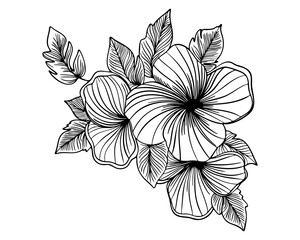 Flowers. In black and white style. Can be used for printing on paper, stickers, badges, bijouterie, tattoo. Vector
