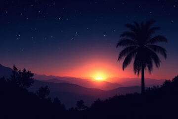 Naklejka premium Elegant Starry Evening Landscape: Dusk Shades Blend into Night with Twinkling Stars and Glowing Palm Trees