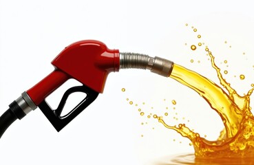 Red gas pump with a black handle, and a silver nozzle dispensing yellow gasoline fuel in the splash. Automotive technology. Refueling car at petrol station. Power, energy, fuel concept.