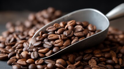 Obraz premium Metal scoop overflows with roasted coffee beans, resting on a delightful mound of similar beans, highlighting rich textures and inviting earthy colors around it