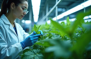 Scientist in lab coat examines tobacco plant in modern lab. Woman with glasses wearing gloves explores plant leaves, analyzing cultivation. Biotechnology research, genetic studies, leaf inspection.