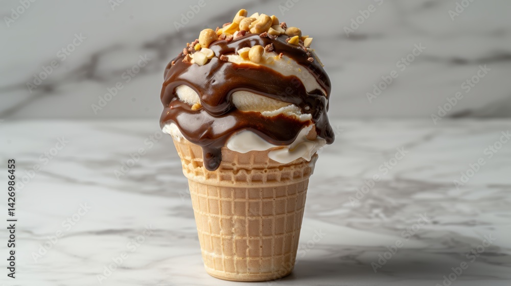 Poster deliciously crafted ice cream cone topped with crunchy peanuts and rich chocolate, captured against 