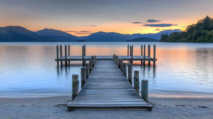 Obraz premium Wooden Pier Extends Into Calm Lake Water at Sunset