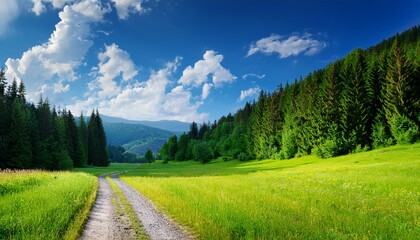 Obraz premium beautiful natural landscape the road through the meadow to the forest in the mountains green forest grass and blue sky with fluffy white clouds sunny summer day