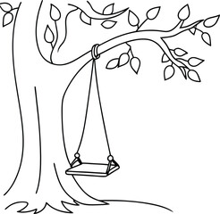 Tree With Swing Outline Drawing For Coloring Books And Design Projects