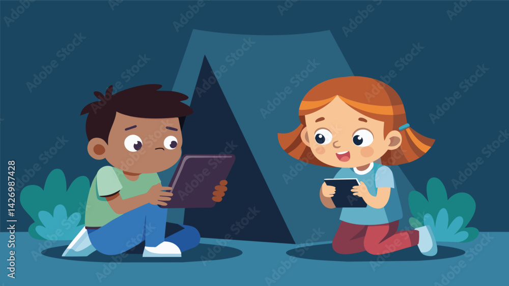 Poster playing a virtual game of hideandseek as one child hides their tablet and sends hints to their frien