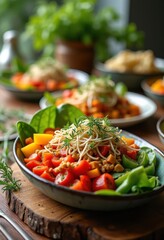 vibrant plant based meal prep colorful healthy dishes fresh ingredients glass containers gourmet cooking, salad, quinoa, grain, vegan, kale, broccoli, carrot