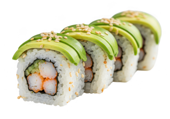 Close up of a row of sushi rolls with avocado on top