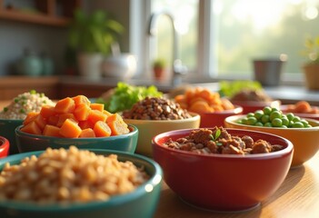 high quality dog food ingredients freshly displayed colorful bowls premium nutrition proteins grains vegetables, meat, fish, rice, sweet, potato, carrot
