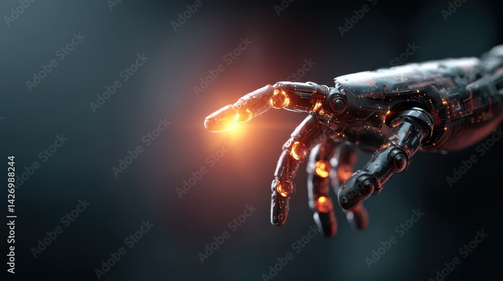 Poster metallic robotic hand glowing softly, extending index finger against dark background, representing c