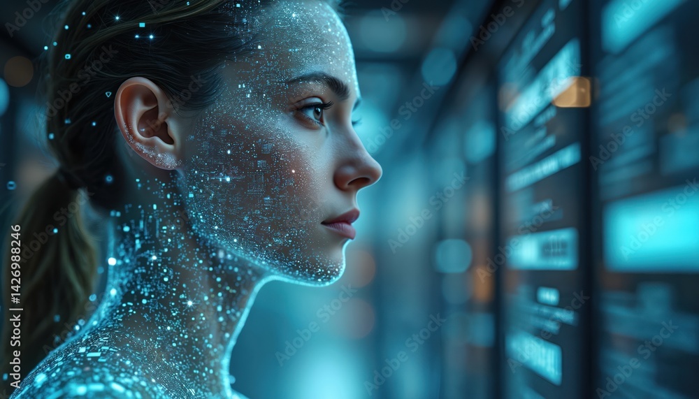Poster futuristic image of woman with glowing circuits on face. artificial intelligence, ai, technology, in