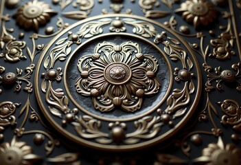 intricate metallic plate detailed engravings artistic design ornate patterns textures highlighted contrast harmony beauty, brass, chrome, surface