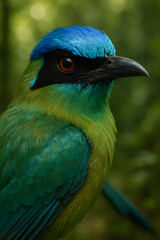 A stunning, hyper-realistic close-up portrait of an exotic bird captured in vivid detail. This digital artwork showcases the bird&rsquo;s intricate feather texture, vibrant coloration, and intense eye focus