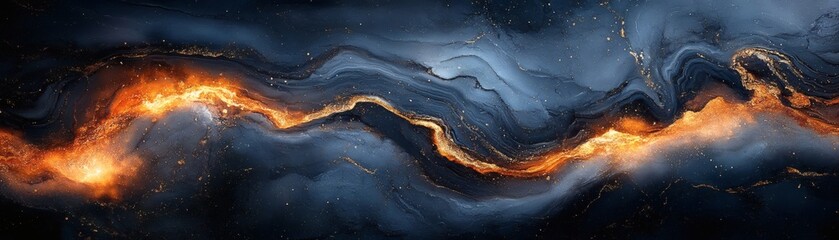 Abstract cosmic painting in shades of blue, gold, and orange, with a sense of depth and ethereal beauty. It evokes feelings of mystery, wonder, and the vastness of the universe