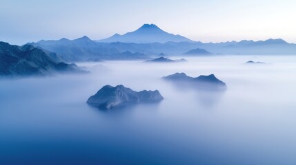 Misty mountain range with islands.  A serene landscape of peaks, islands, and a sea of fog.  Soft, pastel colors enhance the tranquil atmosphere