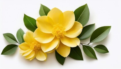 Obraz premium delicate yellow flowers with green leaves on a white background in a fresh and natural style