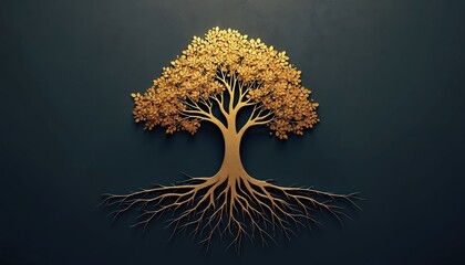 Golden tree with roots illustration. Symbol wealth growth. Nature business concept. Gold leaves on branches. Financial success, profit, money, banking investment symbol on dark blue background.