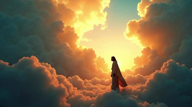 Jesus Christ walking thoughtful among golden clouds illuminated by divine light, wondering if he needs to go back in order to save humankind from evil fate.
