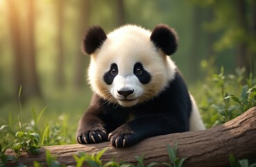 Obraz premium Cute giant panda bear lying on a log. Black and white mammal in forest. Adorable animal species from China. Panda bear in natural habitat, wildlife. Unique animal.