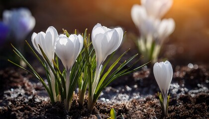 Obraz premium closeup of early white crocus flowers emerging from the thawing ground fresh floral scene in spring nature