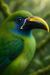 A stunning, hyper-realistic close-up portrait of an exotic bird captured in vivid detail. This digital artwork showcases the bird&rsquo;s intricate feather texture, vibrant coloration, and intense eye focus