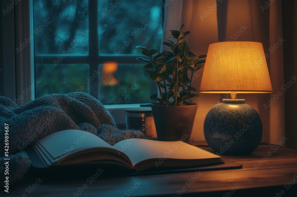 Poster open notebook rests on a desk beside a lit lamp, creating a warm and inviting atmosphere by a window