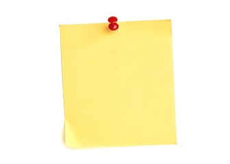 Yellow Sticky Note with Red Push Pin on White Background